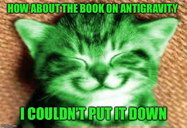happy RayCat | HOW ABOUT THE BOOK ON ANTIGRAVITY I COULDN’T PUT IT DOWN | image tagged in happy raycat | made w/ Imgflip meme maker