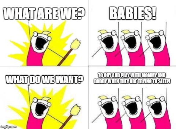 What Do We Want Meme | WHAT ARE WE? BABIES! TO CRY AND PLAY WITH MOMMY AND DADDY WHEN THEY ARE TRYING TO SLEEP! WHAT DO WE WANT? | image tagged in memes,what do we want | made w/ Imgflip meme maker