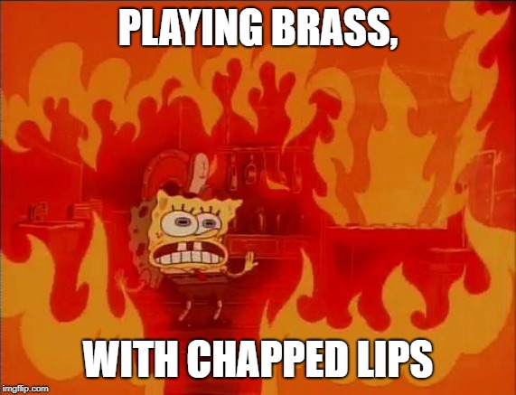 Burning Spongebob | PLAYING BRASS, WITH CHAPPED LIPS | image tagged in burning spongebob | made w/ Imgflip meme maker