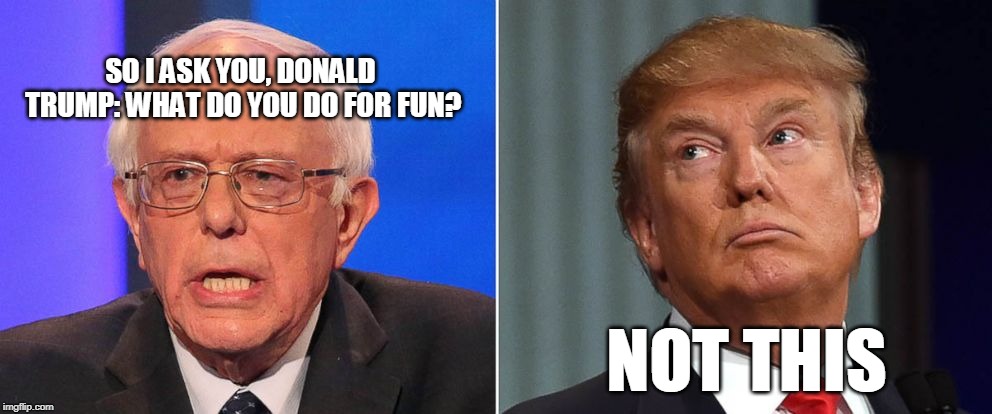 Seriously, Now... | SO I ASK YOU, DONALD TRUMP: WHAT DO YOU DO FOR FUN? NOT THIS | image tagged in bernie sanders,president trump | made w/ Imgflip meme maker