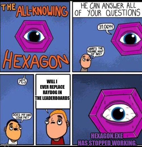 all knowing hexagon |  WILL I EVER REPLACE RAYDOG IN THE LEADERBOARDS; HEXAGON.EXE HAS STOPPED WORKING. | image tagged in all knowing hexagon | made w/ Imgflip meme maker