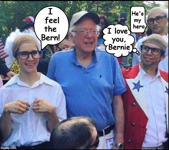 Connecting with Today's Serious Young People | I feel the  Bern! He's my  hero I love you, Bernie | image tagged in vince vance,bernie sanders,feel the bern,bernie sanders crowd,political memes,vagina hats | made w/ Imgflip meme maker