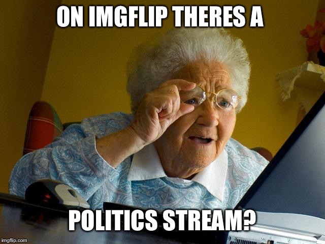 Grandma Finds The Internet Meme | ON IMGFLIP THERES A POLITICS STREAM? | image tagged in memes,grandma finds the internet | made w/ Imgflip meme maker