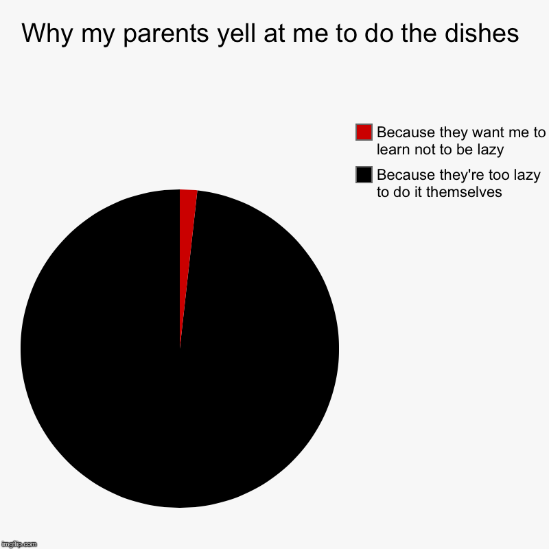 True | Why my parents yell at me to do the dishes | Because they're too lazy to do it themselves , Because they want me to learn not to be lazy | image tagged in charts,pie charts,memes,funny | made w/ Imgflip chart maker