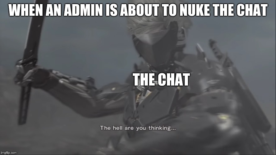 Very True On Dwellers | WHEN AN ADMIN IS ABOUT TO NUKE THE CHAT; THE CHAT | image tagged in metal gear rising revengeance,discord meme | made w/ Imgflip meme maker