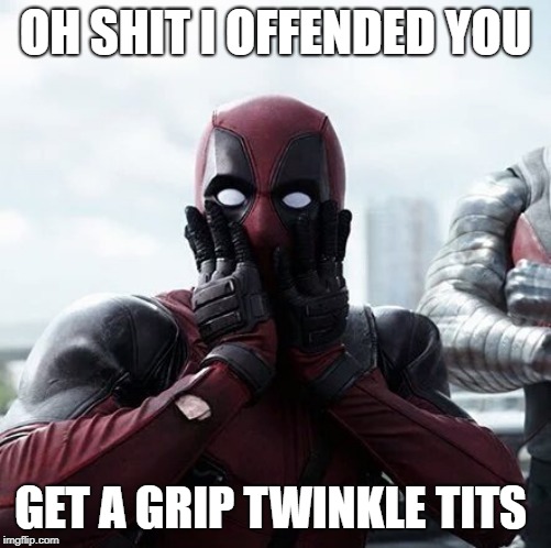 Get over it, People been talking shit since the invention of social interaction! | OH SHIT I OFFENDED YOU; GET A GRIP TWINKLE TITS | image tagged in memes,deadpool surprised,nothing personal,opinions,free speech | made w/ Imgflip meme maker