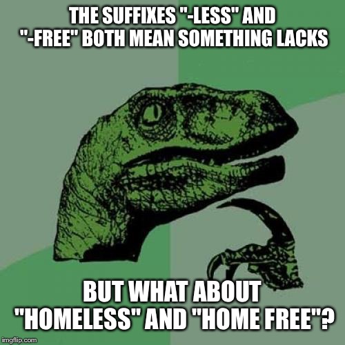 Philosoraptor Meme | THE SUFFIXES "-LESS" AND "-FREE" BOTH MEAN SOMETHING LACKS; BUT WHAT ABOUT "HOMELESS" AND "HOME FREE"? | image tagged in memes,philosoraptor | made w/ Imgflip meme maker