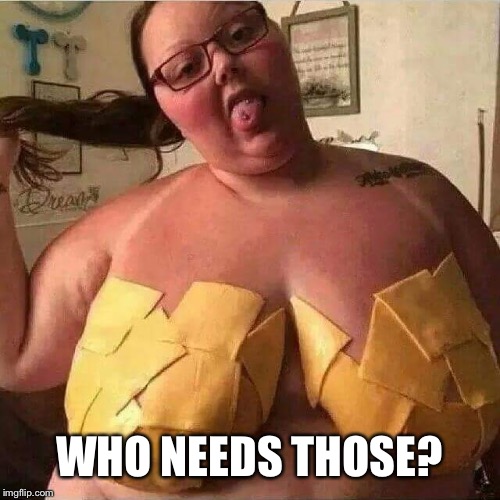 cheesy tits | WHO NEEDS THOSE? | image tagged in cheesy tits | made w/ Imgflip meme maker