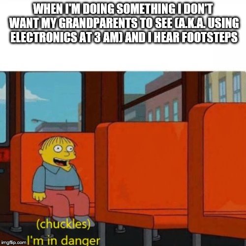 Chuckles, I’m in danger | WHEN I'M DOING SOMETHING I DON'T WANT MY GRANDPARENTS TO SEE (A.K.A. USING ELECTRONICS AT 3 AM) AND I HEAR FOOTSTEPS | image tagged in chuckles im in danger | made w/ Imgflip meme maker