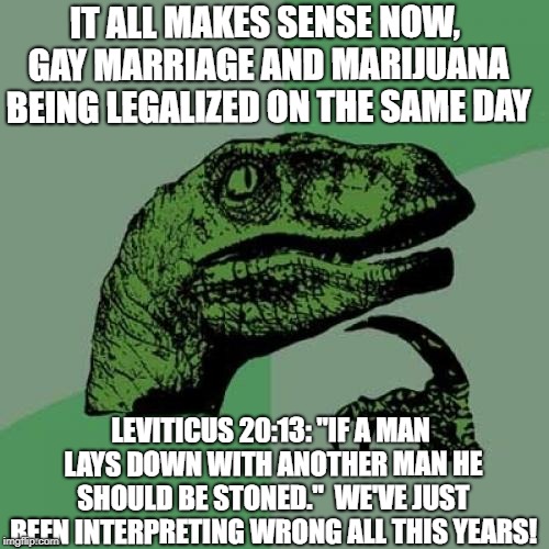 Philosoraptor Meme | IT ALL MAKES SENSE NOW, GAY MARRIAGE AND MARIJUANA BEING LEGALIZED ON THE SAME DAY; LEVITICUS 20:13: "IF A MAN LAYS DOWN WITH ANOTHER MAN HE SHOULD BE STONED."  WE'VE JUST BEEN INTERPRETING WRONG ALL THIS YEARS! | image tagged in memes,philosoraptor | made w/ Imgflip meme maker