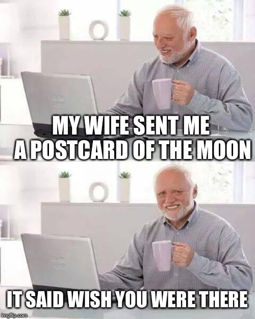 I’ve been mooned | MY WIFE SENT ME A POSTCARD OF THE MOON; IT SAID WISH YOU WERE THERE | image tagged in memes,hide the pain harold,wife humor,funny,joke | made w/ Imgflip meme maker