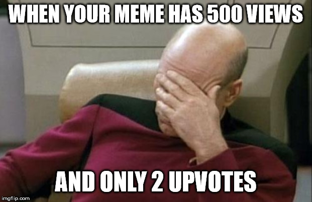 Captain Picard Facepalm | WHEN YOUR MEME HAS 500 VIEWS; AND ONLY 2 UPVOTES | image tagged in memes,captain picard facepalm | made w/ Imgflip meme maker