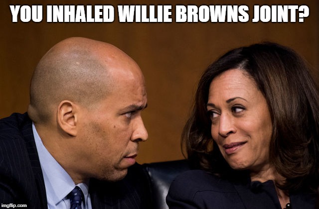 Corey Booker and Kamala Harris | YOU INHALED WILLIE BROWNS JOINT? | image tagged in corey booker and kamala harris | made w/ Imgflip meme maker