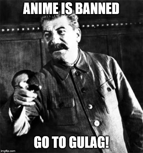 Stalin | ANIME IS BANNED GO TO GULAG! | image tagged in stalin | made w/ Imgflip meme maker