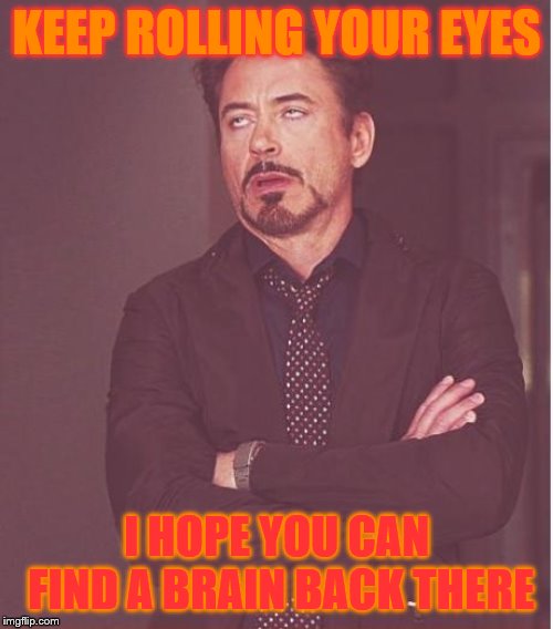 burn | KEEP ROLLING YOUR EYES; I HOPE YOU CAN FIND A BRAIN BACK THERE | image tagged in memes,face you make robert downey jr | made w/ Imgflip meme maker