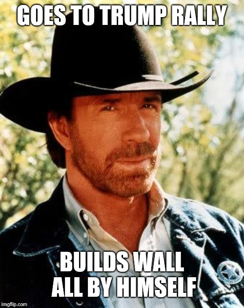 Chuck Norris | GOES TO TRUMP RALLY; BUILDS WALL ALL BY HIMSELF | image tagged in memes,chuck norris | made w/ Imgflip meme maker