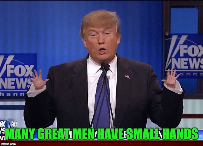 Tiny Hands Trump | MANY GREAT MEN HAVE SMALL HANDS | image tagged in tiny hands trump | made w/ Imgflip meme maker