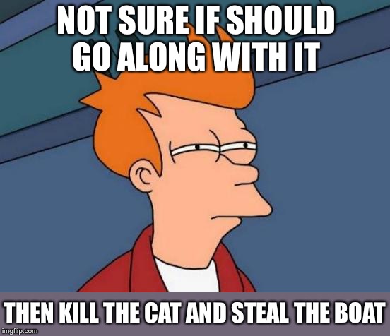 Futurama Fry Meme | NOT SURE IF SHOULD GO ALONG WITH IT THEN KILL THE CAT AND STEAL THE BOAT | image tagged in memes,futurama fry | made w/ Imgflip meme maker