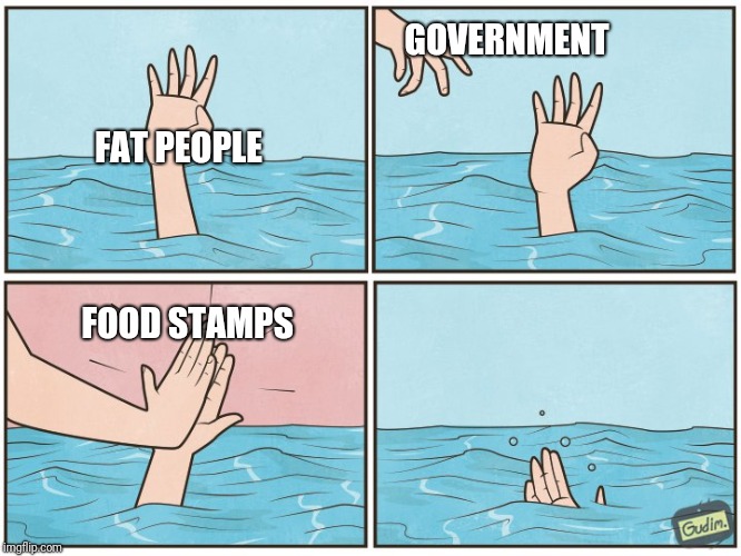 High five drown | GOVERNMENT; FAT PEOPLE; FOOD STAMPS | image tagged in high five drown | made w/ Imgflip meme maker