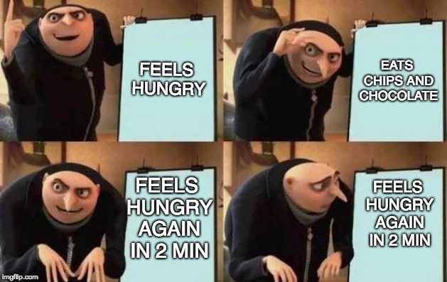 Gru's Plan | FEELS HUNGRY; EATS CHIPS AND CHOCOLATE; FEELS HUNGRY AGAIN IN 2 MIN; FEELS HUNGRY AGAIN IN 2 MIN | image tagged in gru's plan | made w/ Imgflip meme maker