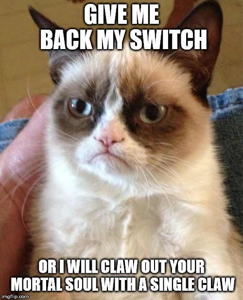 Grumpy Cat | GIVE ME BACK MY SWITCH; OR I WILL CLAW OUT YOUR MORTAL SOUL WITH A SINGLE CLAW | image tagged in memes,grumpy cat | made w/ Imgflip meme maker