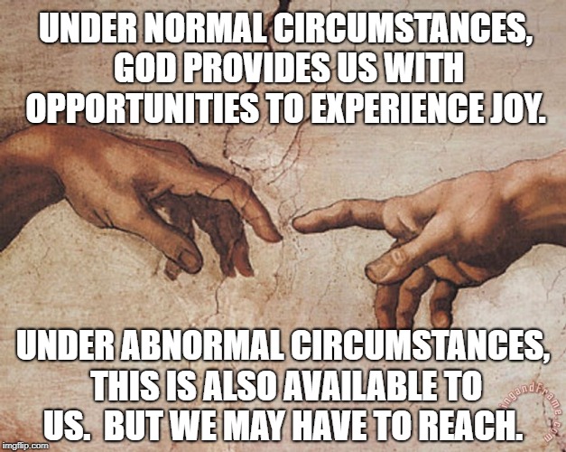 Reach | UNDER NORMAL CIRCUMSTANCES, GOD PROVIDES US WITH OPPORTUNITIES TO EXPERIENCE JOY. UNDER ABNORMAL CIRCUMSTANCES, THIS IS ALSO AVAILABLE TO US.  BUT WE MAY HAVE TO REACH. | image tagged in faith,joy,grace | made w/ Imgflip meme maker