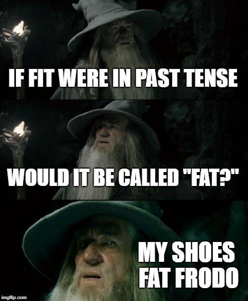 Confused Gandalf | IF FIT WERE IN PAST TENSE; WOULD IT BE CALLED "FAT?"; MY SHOES FAT FRODO | image tagged in memes,confused gandalf | made w/ Imgflip meme maker