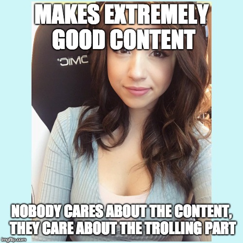  MAKES EXTREMELY GOOD CONTENT; NOBODY CARES ABOUT THE CONTENT, THEY CARE ABOUT THE TROLLING PART | image tagged in pokimane | made w/ Imgflip meme maker
