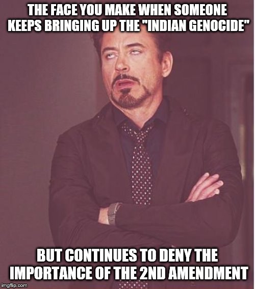 Face You Make Robert Downey Jr Meme | THE FACE YOU MAKE WHEN SOMEONE KEEPS BRINGING UP THE "INDIAN GENOCIDE" BUT CONTINUES TO DENY THE IMPORTANCE OF THE 2ND AMENDMENT | image tagged in memes,face you make robert downey jr | made w/ Imgflip meme maker