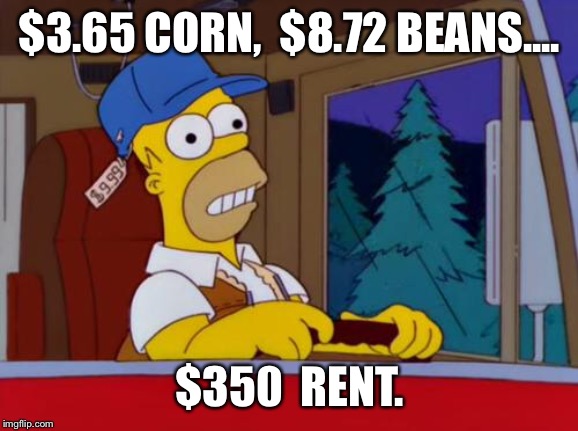 Farming shock | $3.65 CORN,  $8.72 BEANS.... $350  RENT. | image tagged in homer simpson trucker,farming,funny | made w/ Imgflip meme maker