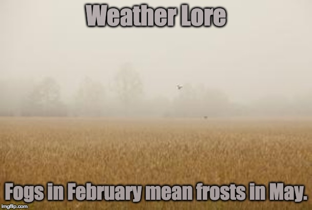 Weather Lore; Fogs in February mean frosts in May. | image tagged in weather,lore,farmer,farmers,fog | made w/ Imgflip meme maker