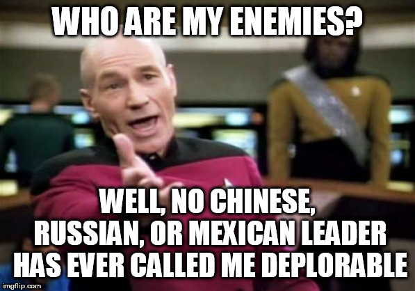 Picard Wtf Meme | WHO ARE MY ENEMIES? WELL, NO CHINESE, RUSSIAN, OR MEXICAN LEADER HAS EVER CALLED ME DEPLORABLE | image tagged in memes,picard wtf | made w/ Imgflip meme maker