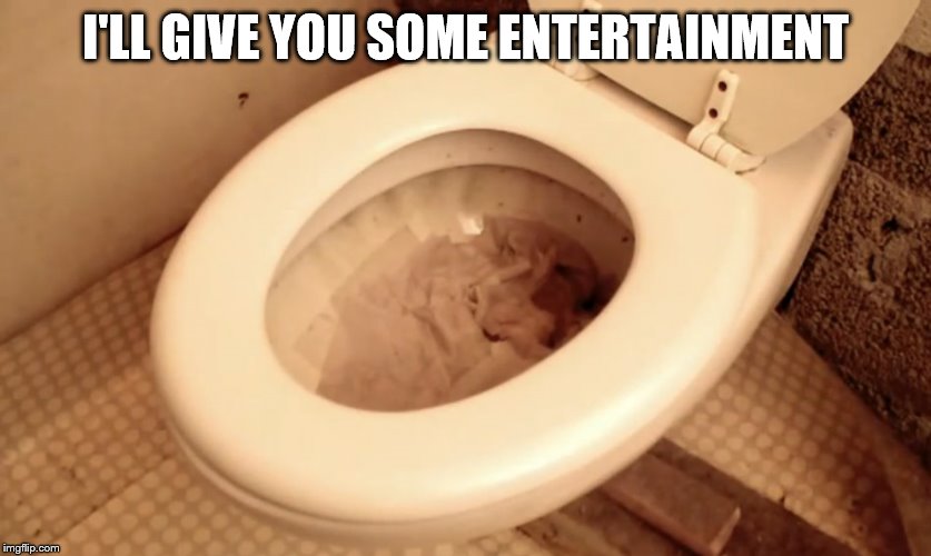 Clogged toilet | I'LL GIVE YOU SOME ENTERTAINMENT | image tagged in clogged toilet | made w/ Imgflip meme maker