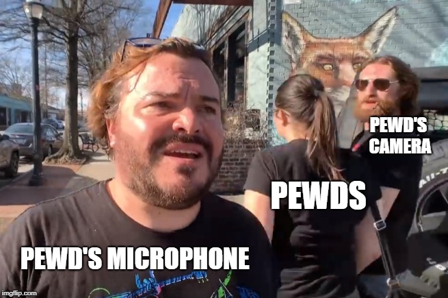 PEWD'S CAMERA; PEWDS; PEWD'S MICROPHONE | image tagged in distracted boyfriend new format | made w/ Imgflip meme maker