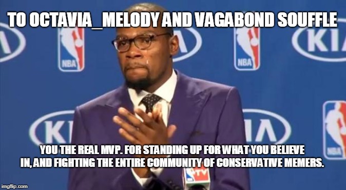 And You too Claybourne, but I forgot to include you. Sorry | TO OCTAVIA_MELODY AND VAGABOND SOUFFLE; YOU THE REAL MVP. FOR STANDING UP FOR WHAT YOU BELIEVE IN, AND FIGHTING THE ENTIRE COMMUNITY OF CONSERVATIVE MEMERS. | image tagged in memes,you the real mvp | made w/ Imgflip meme maker