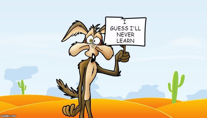 Wile E. Coyote Sign | I GUESS I'LL NEVER LEARN | image tagged in wile e coyote sign | made w/ Imgflip meme maker