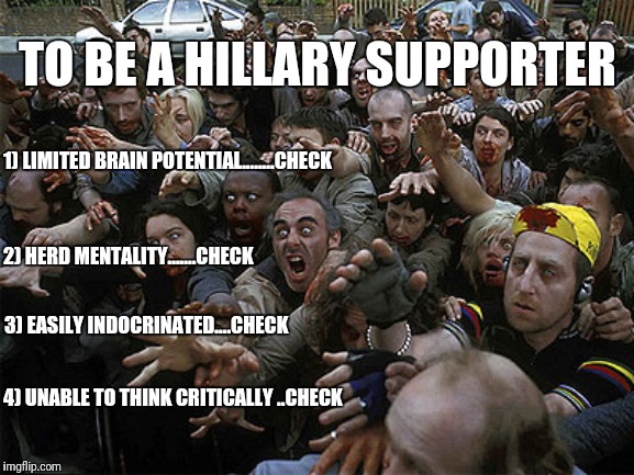 The making of a Hillary supporter | TO BE A HILLARY SUPPORTER; 1) LIMITED BRAIN POTENTIAL........CHECK; 2) HERD MENTALITY.......CHECK; 3) EASILY INDOCRINATED....CHECK; 4) UNABLE TO THINK CRITICALLY ..CHECK | image tagged in zombies approaching,patsys,manipulation,corruption | made w/ Imgflip meme maker