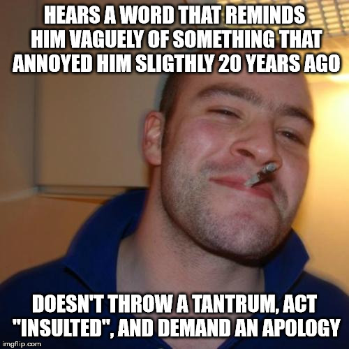 Political Correctness Be Like | HEARS A WORD THAT REMINDS HIM VAGUELY OF SOMETHING THAT ANNOYED HIM SLIGTHLY 20 YEARS AGO; DOESN'T THROW A TANTRUM, ACT "INSULTED", AND DEMAND AN APOLOGY | image tagged in memes,good guy greg | made w/ Imgflip meme maker