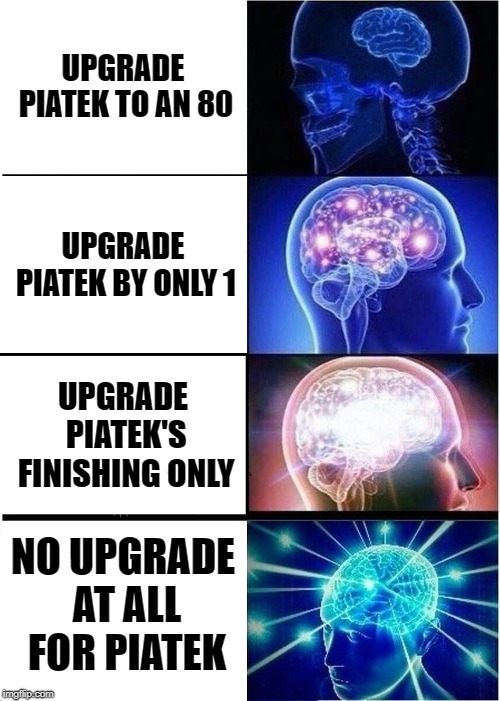 Expanding Brain Meme | UPGRADE PIATEK TO AN 80; UPGRADE PIATEK BY ONLY 1; UPGRADE PIATEK'S FINISHING ONLY; NO UPGRADE AT ALL FOR PIATEK | image tagged in memes,expanding brain | made w/ Imgflip meme maker