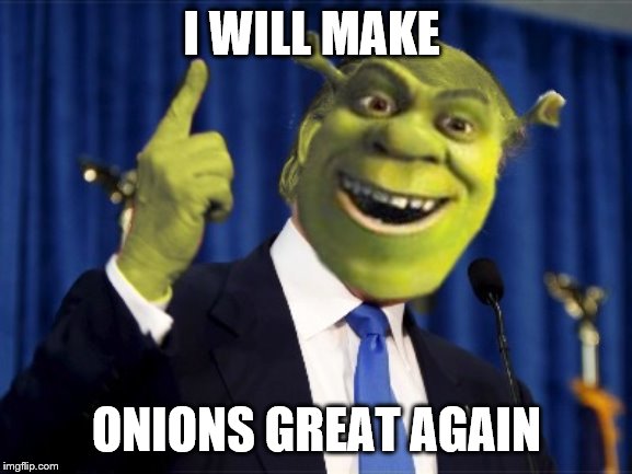 Shrek For President | I WILL MAKE; ONIONS GREAT AGAIN | image tagged in shrek for president | made w/ Imgflip meme maker
