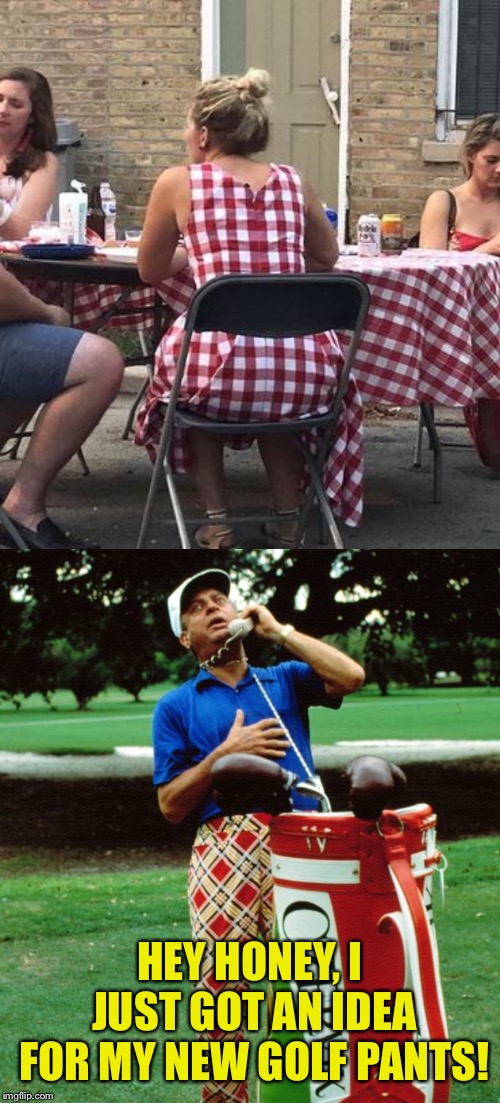 Pretty in plaid | HEY HONEY, I JUST GOT AN IDEA FOR MY NEW GOLF PANTS! | image tagged in fashion,hacks,golf,clothes,caddyshack | made w/ Imgflip meme maker