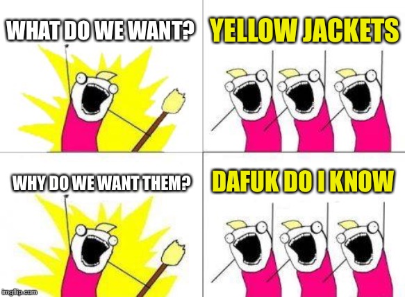 What Do We Want Meme | WHAT DO WE WANT? YELLOW JACKETS WHY DO WE WANT THEM? DAFUK DO I KNOW | image tagged in memes,what do we want | made w/ Imgflip meme maker