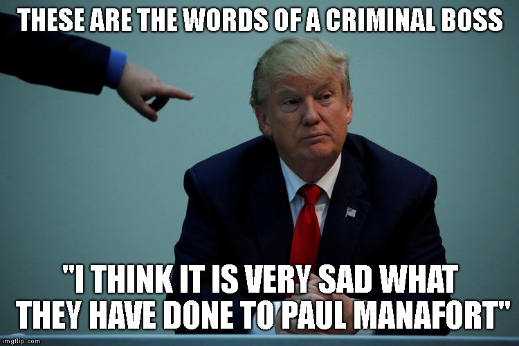 Paul Manafort Convicted of Eight Felonies | THESE ARE THE WORDS OF A CRIMINAL BOSS; "I THINK IT IS VERY SAD WHAT THEY HAVE DONE TO PAUL MANAFORT" | image tagged in impeach trump,conman,criminal,mafia,russian agent | made w/ Imgflip meme maker