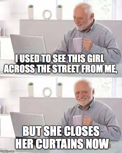 Harold is aware of the effect he has on women |  I USED TO SEE THIS GIRL ACROSS THE STREET FROM ME, BUT SHE CLOSES HER CURTAINS NOW | image tagged in memes,hide the pain harold,funny,stalker,girl,memelord344 | made w/ Imgflip meme maker