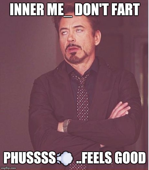 Face You Make Robert Downey Jr | INNER ME_ DON'T FART; PHUSSSS💨 ..FEELS GOOD | image tagged in memes,face you make robert downey jr | made w/ Imgflip meme maker