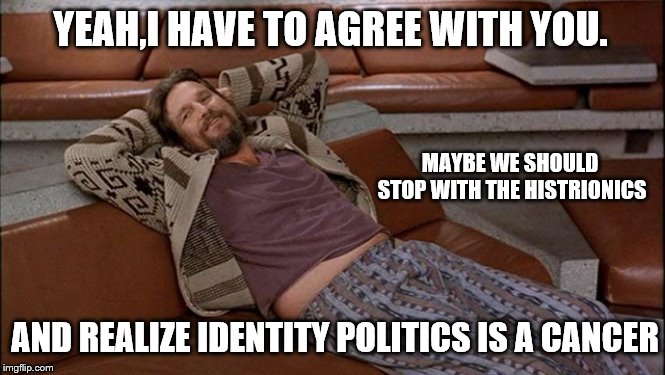 YEAH,I HAVE TO AGREE WITH YOU. AND REALIZE IDENTITY POLITICS IS A CANCER MAYBE WE SHOULD STOP WITH THE HISTRIONICS | made w/ Imgflip meme maker