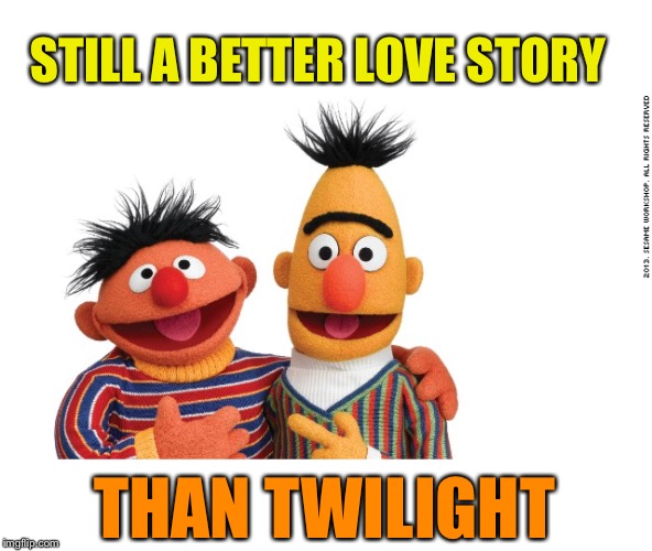 bert and ernie | STILL A BETTER LOVE STORY THAN TWILIGHT | image tagged in bert and ernie | made w/ Imgflip meme maker