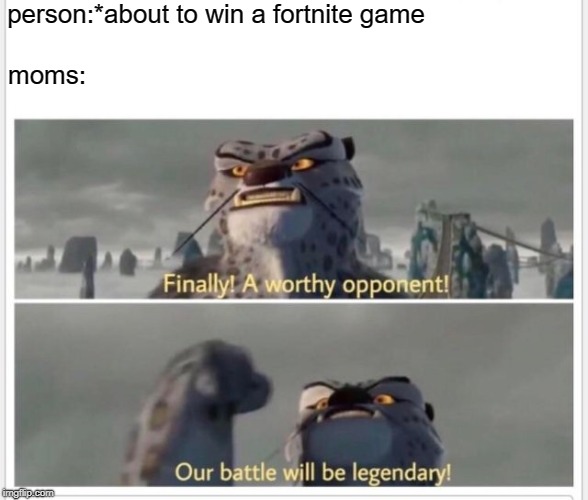 Finally! A worthy opponent! | person:*about to win a fortnite game; moms: | image tagged in finally a worthy opponent | made w/ Imgflip meme maker