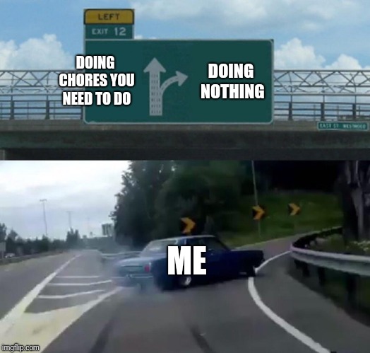 Left Exit 12 Off Ramp | DOING CHORES YOU NEED TO DO; DOING NOTHING; ME | image tagged in memes,left exit 12 off ramp,chores | made w/ Imgflip meme maker