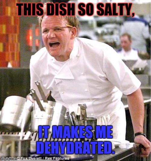 Chef Gordon Ramsay | THIS DISH SO SALTY, IT MAKES ME DEHYDRATED. | image tagged in memes,chef gordon ramsay | made w/ Imgflip meme maker